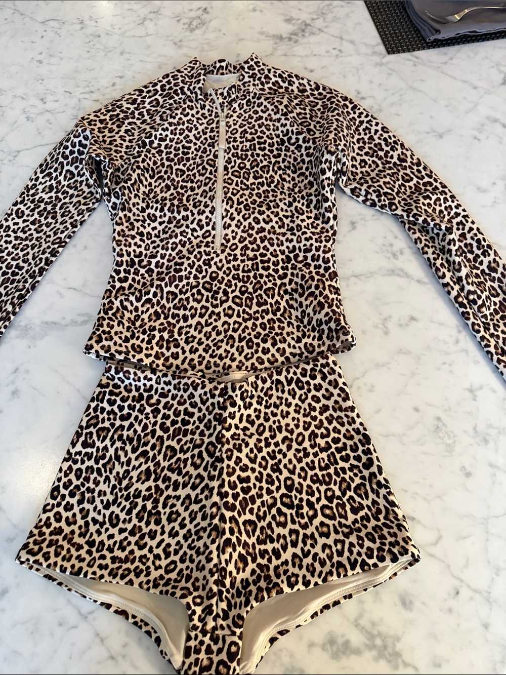 Leopard Print Long Sleeve Swim Set - Beige/Black